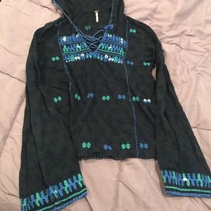 Free People Black and Blue Embroidered Hoodie